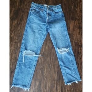 LEVI  Women's 501 Wedgie Straight Distressed Jeans 25 Jrs Denim Button Fly